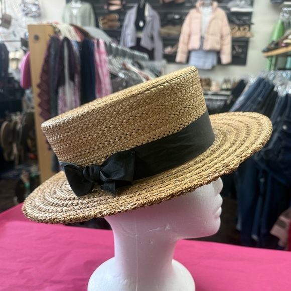 Vintage Straw Boater Hat Pilgrim Fashion Tower Flat Brim Black Ribbon main image 7
